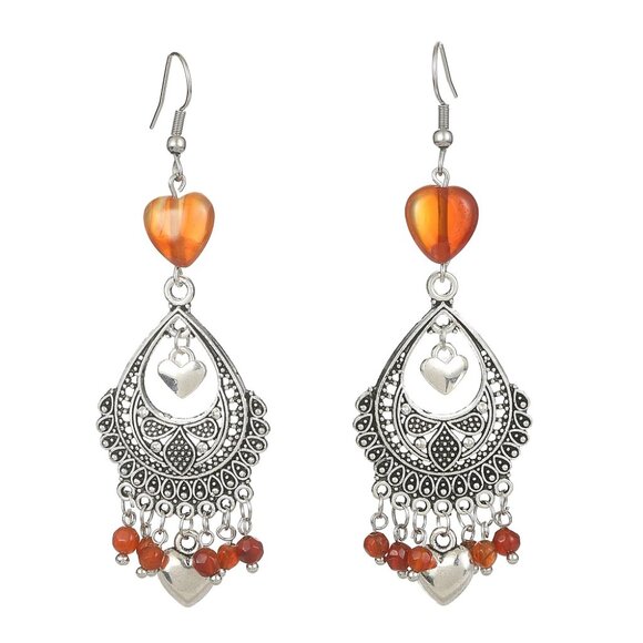 NWOT Natural Red Agate & Hearts Drop Dangle Chandelier Boho Gypsy Earrings 2/$20 - Picture 2 of 3